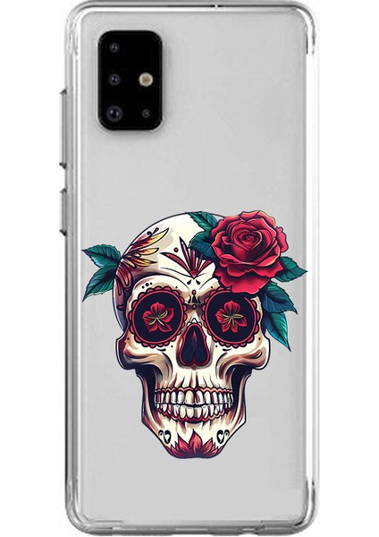 Samsung A51 Uyumlu Güllü Kafatası Desenli Silikon Kılıf