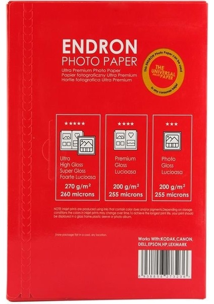 100 Adet 15X21CM Endron Photo Paper Satin  270GSM Fotoğraf Kağıdı