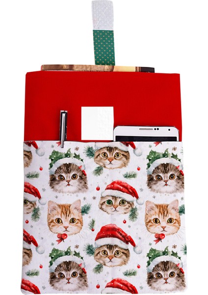 Yılbaşı Kedi Noel Desenli Yıkanabilir Cepli Kitap Kılıfı 20 x 25 cm Çok Amaçlı Çanta Book Cover