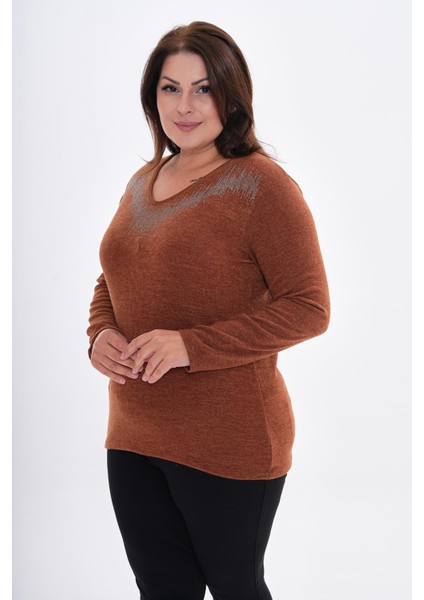 Kadın Uzun Kollu Yakası Taş Detaylı Büyük Beden Triko Görünümlü BLUZ-BGB33 fiyatları