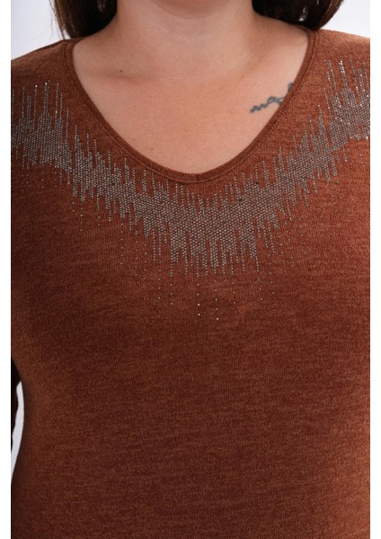 Kadın Uzun Kollu Yakası Taş Detaylı Büyük Beden Triko Görünümlü BLUZ-BGB33 fırsatları