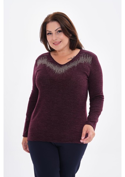 Kadın Uzun Kollu Yakası Taş Detaylı Büyük Beden Triko Görünümlü BLUZ-BGB35 fiyatları