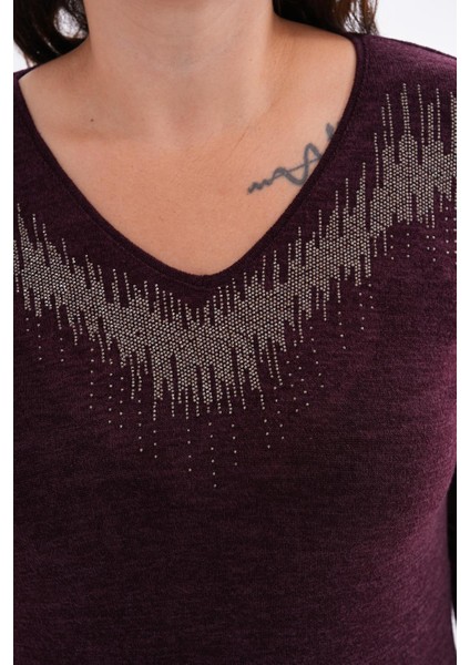 Kadın Uzun Kollu Yakası Taş Detaylı Büyük Beden Triko Görünümlü BLUZ-BGB35 modelleri