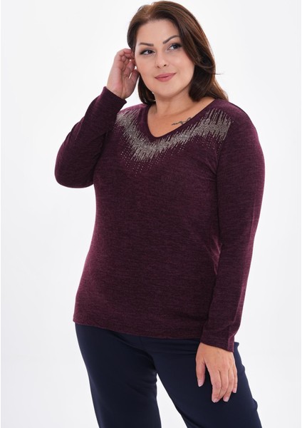 Kadın Uzun Kollu Yakası Taş Detaylı Büyük Beden Triko Görünümlü BLUZ-BGB35 fırsatları