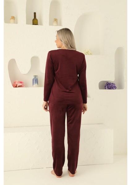 Kadın Bisiklet Yaka Ipeksi Kadife Kışlık Uzun Kol Cepli Pijama Takımı modelleri