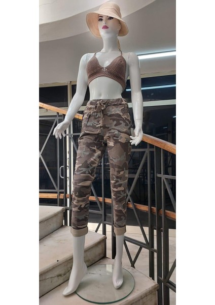 Italyan Beli Bağlamalı Kamuflaj Desenli Dar Paça Pantolon