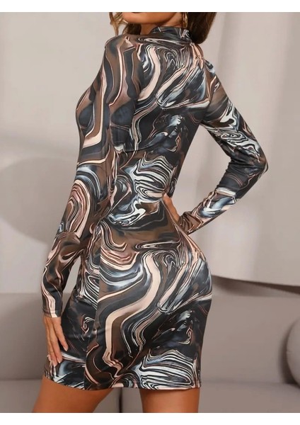 Kadın Uzun Kollu Balıkçı Yaka Desenli Dalgıç Elbise fırsatları