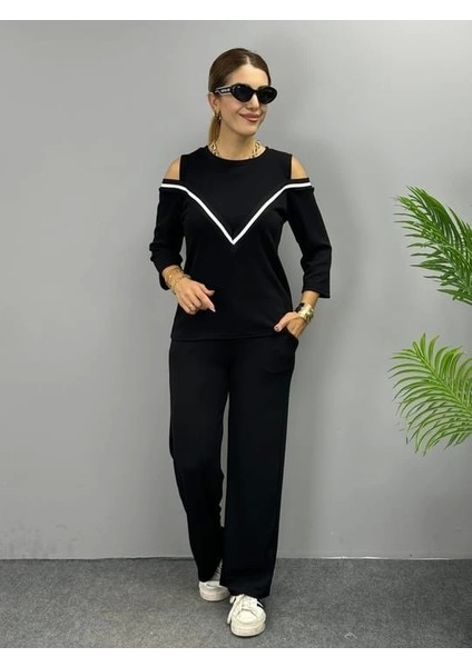 Kadın Ithal Burgu Kumaş Uzun Kollu Omuz Dekolteli Bluz ve Pantolon Ikili Takım modelleri