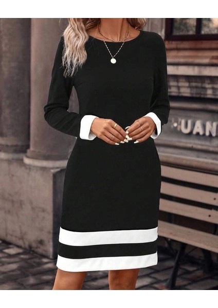 Kadın Uzun Kollu Bisiklet Yaka Kol ve Tek Ucu Şeritli Ithal Krep Midi Elbise fiyatları