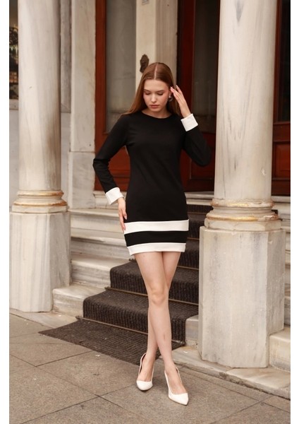 Kadın Uzun Kollu Bisiklet Yaka Kol ve Tek Ucu Şeritli Ithal Krep Midi Elbise indirimleri