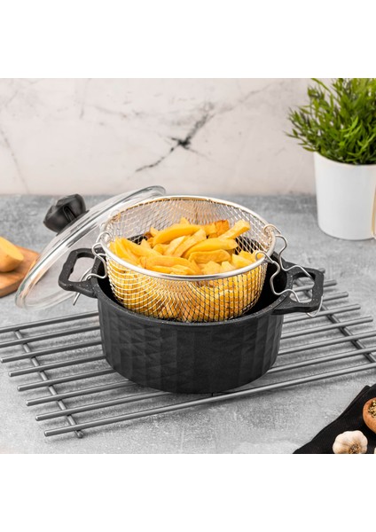 Granit Döküm 24 cm Kızartma Cips Tenceresi Siyah