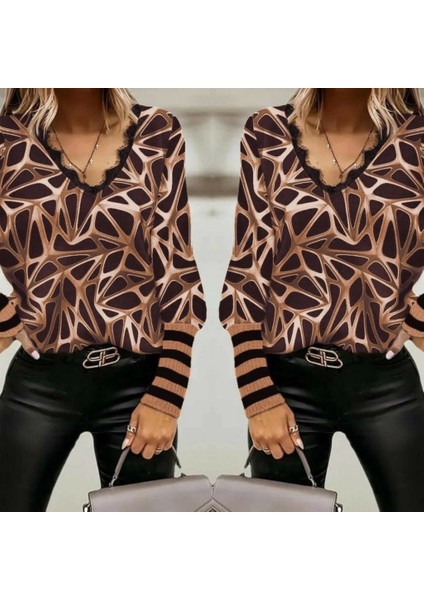 Kadın Uzun Kollu V Yaka Kenarları Güpür Detay Şardonlu Dalgıç Bluz modelleri