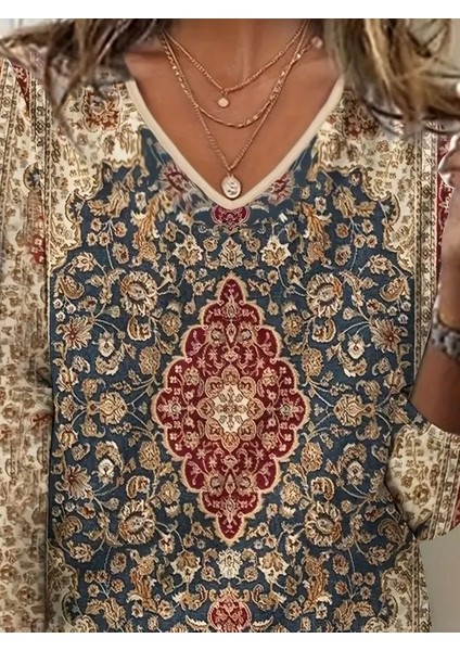 Kadın Fakir Kollu V Yakalı Etnik Desenli Süprem Bluz fiyatları