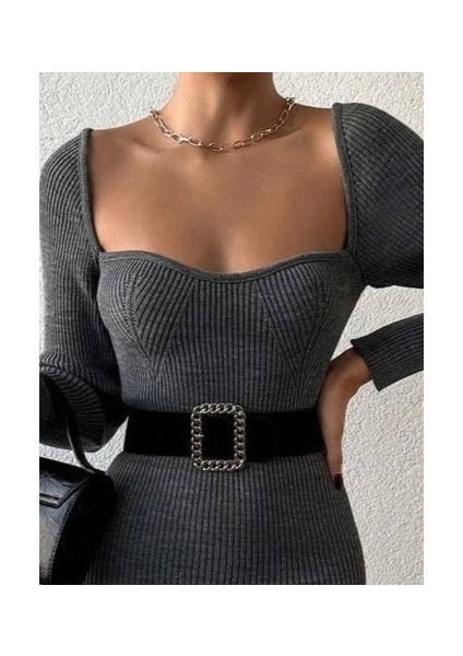 Kadın Uzun Kollu Yırtmaç Detay Triko Elbise modelleri