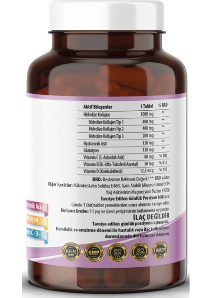 Hidrolize Collagen - Kolajen Type Tip 1-2-3 - Hyaluronic Acid - Vitamin C - Glutatyon 90 Tablet