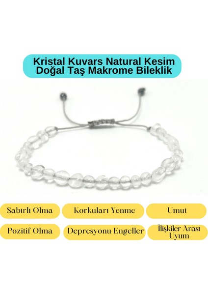 Sertifikalı Kristal Kuvars Natural Kesim Makrome Doğal Taş Bileklik Ayarlanabilir Ölçü