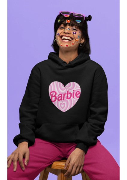 Oversize Desenli Kalp Içinde Barbie Yazılı Kapüşonlu Sweatshirt, Kadın Barbie Baskılı Hoodie