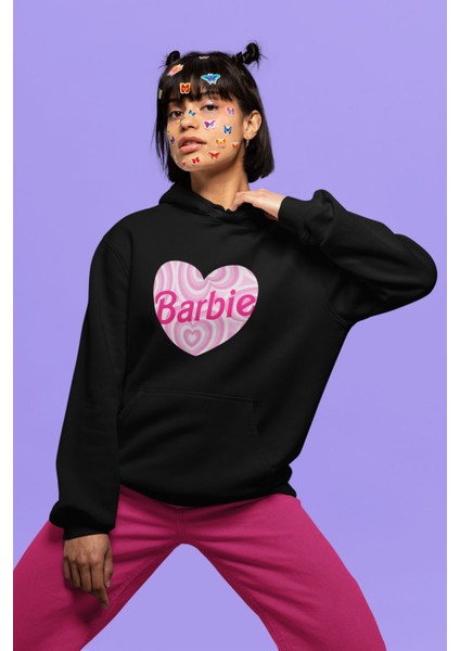 Oversize Desenli Kalp Içinde Barbie Yazılı Kapüşonlu Sweatshirt, Kadın Barbie Baskılı Hoodie