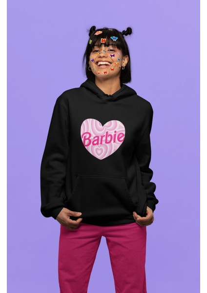 Oversize Desenli Kalp Içinde Barbie Yazılı Kapüşonlu Sweatshirt, Kadın Barbie Baskılı Hoodie