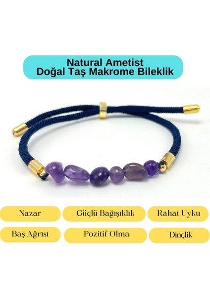 Sertifikalı Natural Ametist Doğal Taş Makrome Bileklik Ayarlanabilir Ölçü