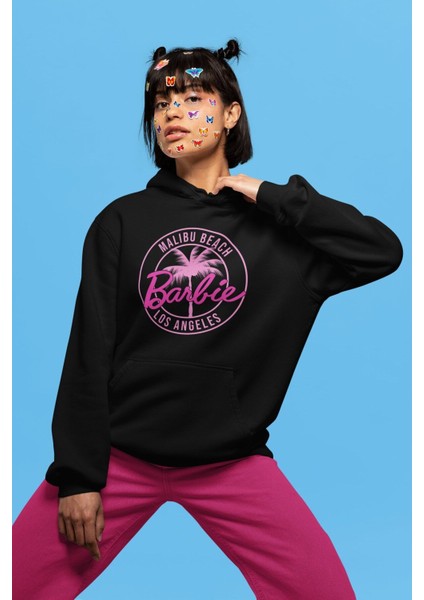 Oversize Malibu Beach Los Angeles Barbie Yazılı Kapüşonlu Sweatshirt, Kadın Barbie Baskılı Hoodie