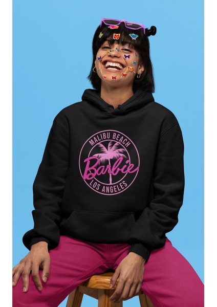 Oversize Malibu Beach Los Angeles Barbie Yazılı Kapüşonlu Sweatshirt, Kadın Barbie Baskılı Hoodie