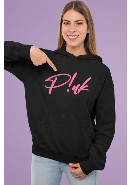 Pink Yazılı Kapüşonlu Sweatshirt, Kadın Pink Baskılı Hoodie