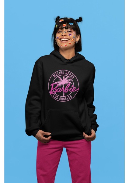 Oversize Malibu Beach Los Angeles Barbie Yazılı Kapüşonlu Sweatshirt, Kadın Barbie Baskılı Hoodie