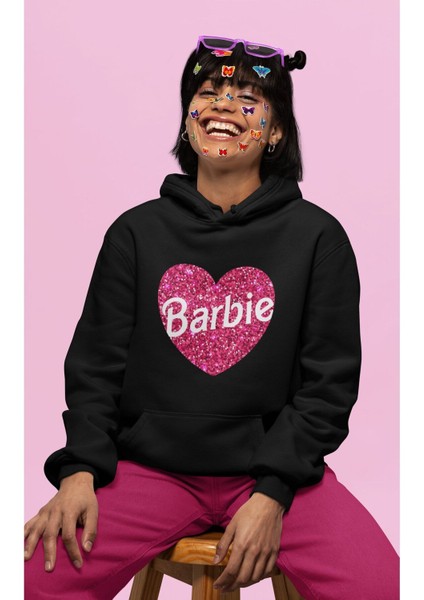 Oversize Simli Görünümlü Kalp Içinde Barbie Yazılı Kapüşonlu Sweatshirt Kadın Barbie Baskılı Hoodie