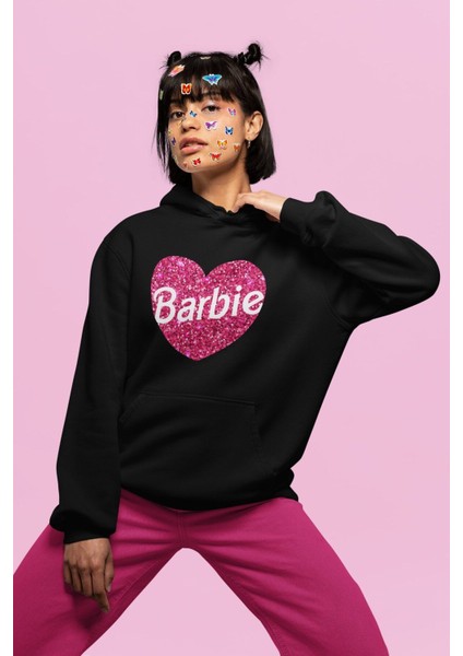 Oversize Simli Görünümlü Kalp Içinde Barbie Yazılı Kapüşonlu Sweatshirt Kadın Barbie Baskılı Hoodie