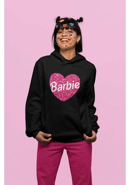 Oversize Simli Görünümlü Kalp Içinde Barbie Yazılı Kapüşonlu Sweatshirt Kadın Barbie Baskılı Hoodie