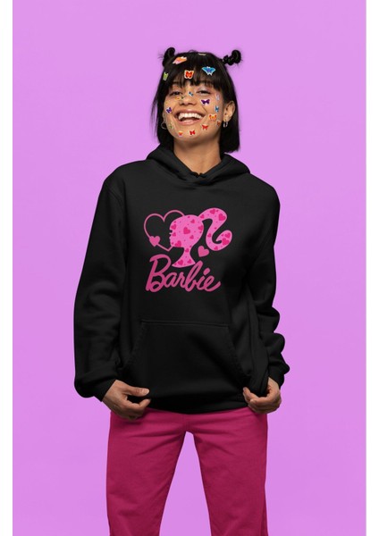 Oversize Kalpli Yazılı Kapüşonlu Sweatshirt, Kadın Barbie Baskılı Hoodie