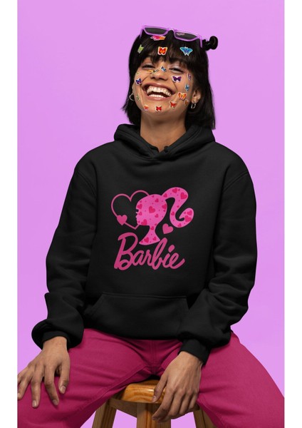 Oversize Kalpli Yazılı Kapüşonlu Sweatshirt, Kadın Barbie Baskılı Hoodie