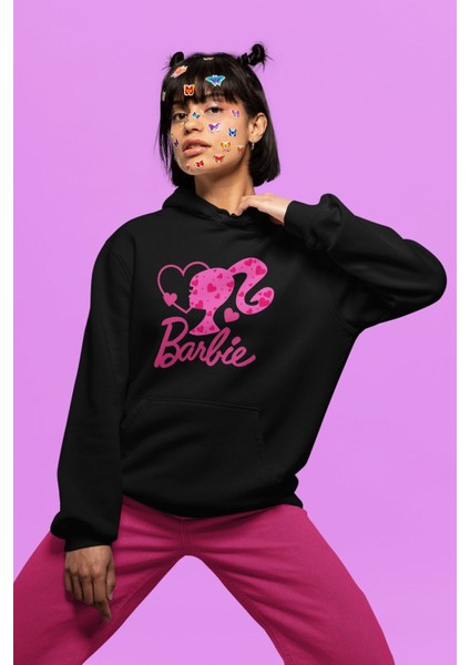 Oversize Kalpli Yazılı Kapüşonlu Sweatshirt, Kadın Barbie Baskılı Hoodie