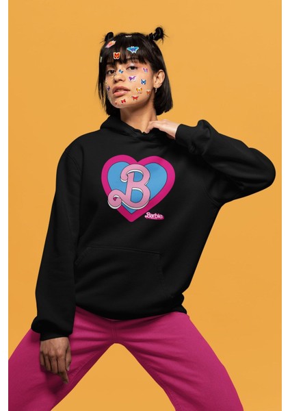 Oversize Mavi Kalp Içinde B Yazılı Barbie Kapüşonlu Sweatshirt, Kadın Barbie Baskılı Hoodie