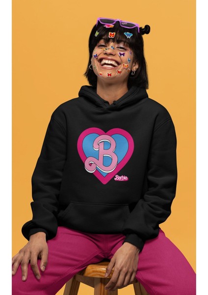 Oversize Mavi Kalp Içinde B Yazılı Barbie Kapüşonlu Sweatshirt, Kadın Barbie Baskılı Hoodie