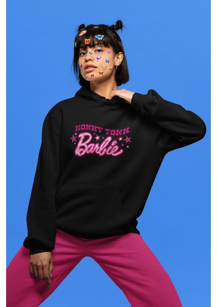 Oversize Honky Tonky Yazılı Kapüşonlu Sweatshirt, Kadın Barbie Baskılı Hoodie