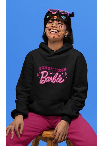 Oversize Honky Tonky Yazılı Kapüşonlu Sweatshirt, Kadın Barbie Baskılı Hoodie