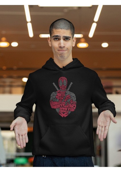 Cngz Shop Deadpool Kaligrafik Baskılı Kapüşonlu Sweatshirt, Unisex Oversize Deadpool Baskılı Hoodie