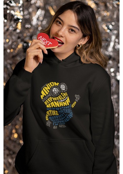 Minion Bob 2 Kaligrafik Baskılı Kapüşonlu Sweatshirt, Unisex Oversize Minion Baskılı Hoodie