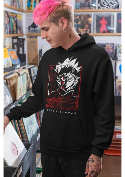 Black Clover Asta 2 Baskılı Kapüşonlu Sweatshirt, Unisex Oversize Anime Baskılı Hoodie