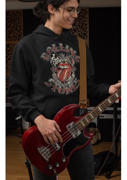 Cngz Shop Rolling Stones Premium Baskılı Kapüşonlu Sweatshirt, Unisex Oversize Rock Metal Baskılı Hoodie