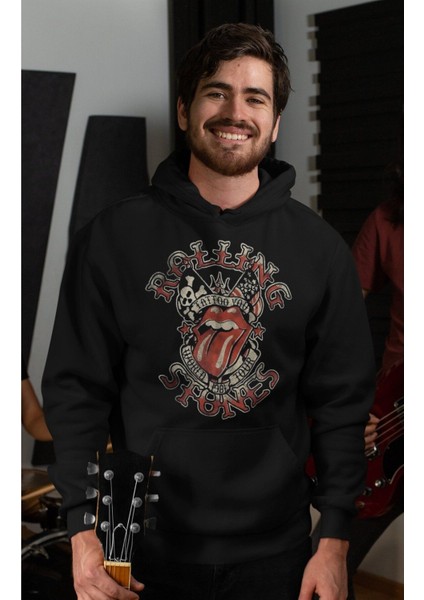 Cngz Shop Rolling Stones Premium Baskılı Kapüşonlu Sweatshirt, Unisex Oversize Rock Metal Baskılı Hoodie