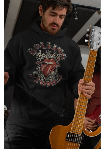 Cngz Shop Rolling Stones Premium Baskılı Kapüşonlu Sweatshirt, Unisex Oversize Rock Metal Baskılı Hoodie