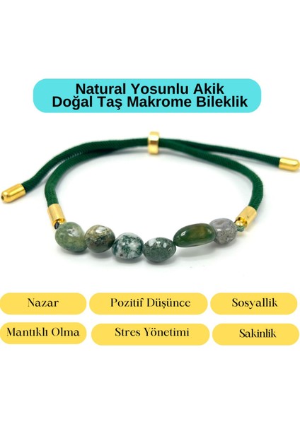 Sertifikalı Natural Yosunlu Akik Doğal Taş Makrome Bileklik Ayarlanabilir Ölçü