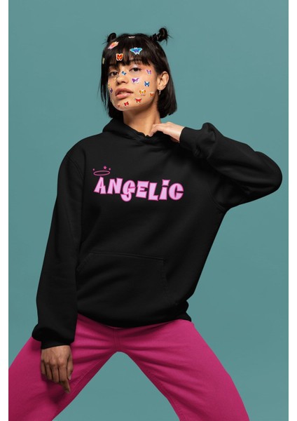 Angelic Yazılı Kapüşonlu Sweatshirt, Kadın Pembe Baskılı Hoodie