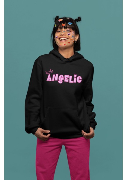 Angelic Yazılı Kapüşonlu Sweatshirt, Kadın Pembe Baskılı Hoodie