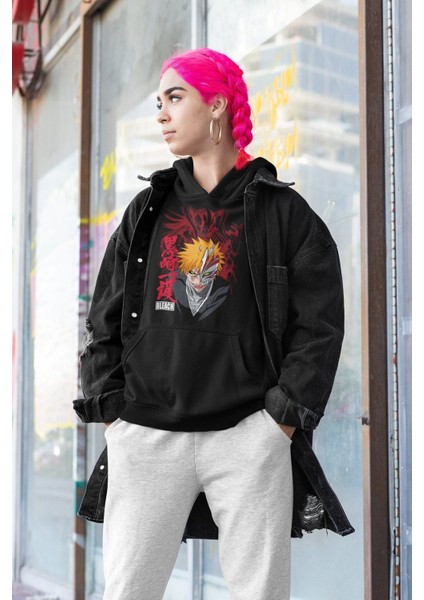 Cngz Shop Bleach Ichigo Baskılı Kapüşonlu Sweatshirt, Unisex Oversize Anime Baskılı Hoodie