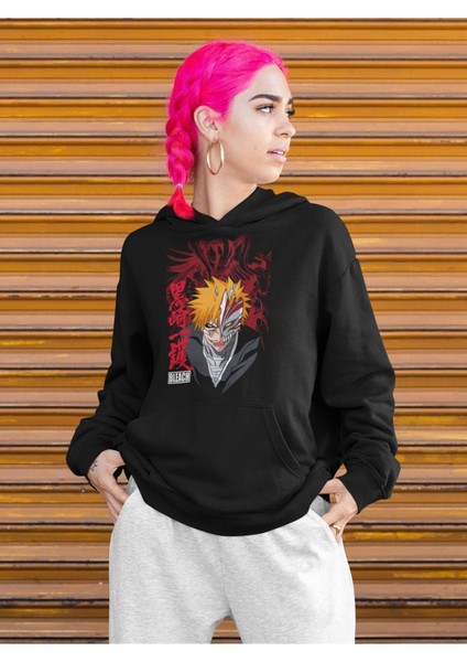 Cngz Shop Bleach Ichigo Baskılı Kapüşonlu Sweatshirt, Unisex Oversize Anime Baskılı Hoodie