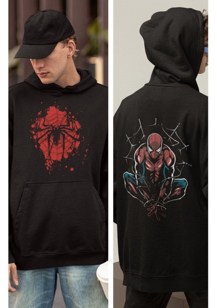 Örümcek Adam Sırt Baskılı Kapüşonlu Sweatshirt, Unisex Oversize Marvel Spiderman Baskılı Hoodie